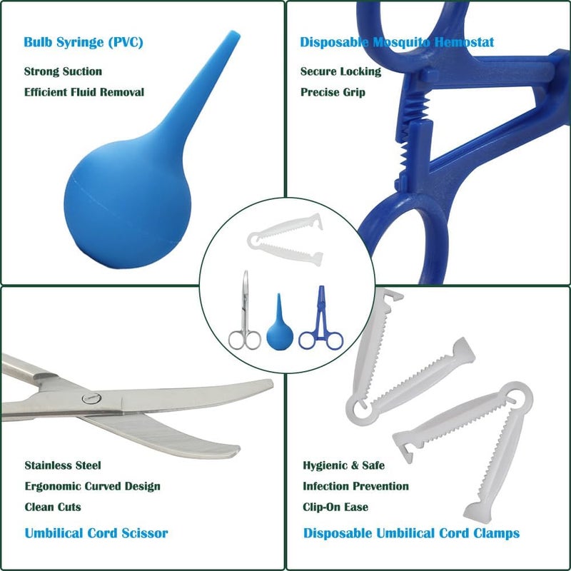 BCDHAMATE Animal Birth Kit with Curved Scissors | Disposable Umbilical Clamps, Hemostat, Bulb Syringe | Safe Delivery for Puppies, Kittens, Lambs, Piglets & Calves (Farm & Home Use) (Blue -PVC) - Image 2